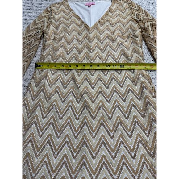Lilly Pulitzer Jade Chevron Cocktail Dress Geo Lace Womens Size Medium Tan Gold - Picture 5 of 11